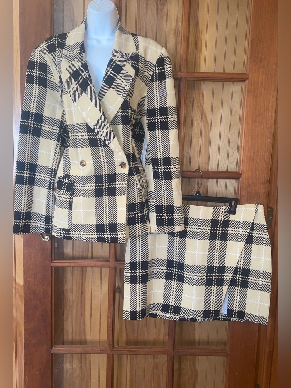 Double-Breasted Plaid Blazer and Skirt Set